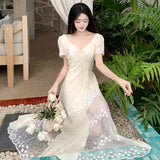 DAIIIBABYYY  -  Lace Patchwork Design V-neck Short Sleeved Dress New French Style Gentle Women's Tie Up Clothing Slim Waist Stylish Long Dresses