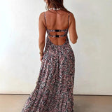 Daiiibabyyy  Women Elegant Floral Print Sling Dress Sexy Off Shoulder Backless Long Pleated Party Dress Fashion Hight Waist Swing Bohe Dress