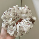 Daiiibabyyy  1PC Cute Bear Print Sheer Chiffon Scrunchie, Soft Lightweight Hair Tie,Sweet Vintage Style Hair Accessory For Women Daily Casual