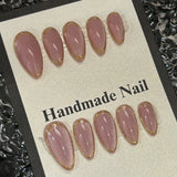 Daiiibabyyy  10 pieces of pure handmade almond-shaped purple glitter cat eye nails with golden circle outlines, simple, fashionable and