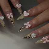 Daiiibabyyy  White Glitter Powder Bowknot Long Pointed Fake Nails Art Ballet False Nail Cow Print Pearl Rhinestone Pink Almond Press on Nails