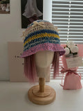Daiiibabyyy  -  Spring Summer Hand Hook Cotton Knitted Bow Striped Bucket Hat Contrasting Color Women Sweet Cute Knitted Sun Basin Hat