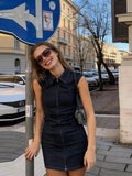 Daiiibabyyy  Lapel Short Sleeve Denim Bodycon Mini Dress Women Street Waist Cinching Hip Package Zipper Cocktail Evening Dresses New Clubwear