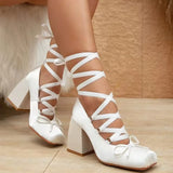 DAIIIBABYYY  -  Sweet Lolita Ballet Style Pumps Women's Big Size 43 Pink High Heels Shoes Ribbon Cross Lace-up Mary Jane Shoes