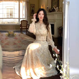 Daiiibabyyy  French Tea Break Floral Chiffon Long Dress Women's Autumn Winter New Style Beautiful Waist Cinching Maxi Skirt V-neck