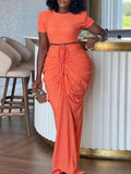 DAIIIBABYYY  -  Solid Chic Two Piece Sets for Women Round Neck Short Sleeve Tops High Waist Spliced Folds Chic Skirts Chic Set Female New
