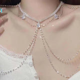 Daiiibabyyy  Luxury Rhinestone Shoulder Chain Necklace For Women Fashion Silver Color Tassel Multilayer Sexy Body Bikini Chest Chain Jewelry
