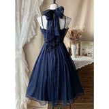 Daiiibabyyy  French Elegant Vintage Hepburn Chiffon Vintage Blue Dress Women Sweet Retro Party Gown Fashion Halter Short Cocktail Dress