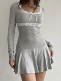 Daiiibabyyy Y2k Coquette Dresses Women Knitted Short Dresses Female Sexy Lace Patchwork Dress Ladies Korean Fashion Bodycon Pleated Vestidos
