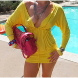 Daiiibabyyy  Solid Deep V Neck Mini Dress Women Short Sleeve Drawstring Front Gathered Waist Cutout Ruched Bodycon Vetsido Summer Club Gowns