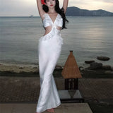 DAIIIBABYYY  -  New Fashion Holiday Yellow White Camis Slip Long Dress Backless Ruffles V Neck Seaside Beach Dress Sexy Hollow Waist Fairy Dress