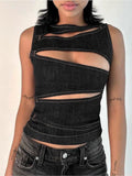 DAIIIBABYYY  -  Pure Sexy Hollow Out Imitation Denim Vest Top Women's Summer O-neck Slim Fit Tank Fashion Female Clothes