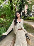 DAIIIBABYYY  -  Knitted Two Piece Sets Women's 2pc Crochet Hollow Out Fashion Long Sleeve V Neck Shirt Cardigan&High Waist A Line Skirt Suits