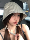 DAIIIBABYYY  -  New Korean Version of Literary Plaid Bucket Hat Women's Summer Sunscreen Big Brim Lace-up Dome Foldable Sun Cap Gorras