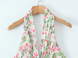 Daiiibabyyy  Sexy Floral Leaves Print Pleated Ruched Halter Dress Women Deep V neck Slim Low Waist Swing Ball Gown Backless Mini Dresses Robe