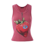 DAIIIBABYYY  -  Streetwear Print Fruit Tank Tops Women Clothes Sleeveless Tshirts Korean Fashion Summer Tops Y2k Slim Zipper Tanks Chic