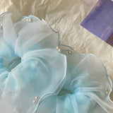 Daiiibabyyy  1PC Elegant Tulle Organza Hair Scrunchie With Faux Pearls For Women Girls Large Ruffle Elastic Hair Tie Fashion Hair Accessories