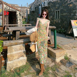 Daiiibabyyy  French Vintage Green Floral V-neck Small Flying Sleeves Long Dress for Women Summer Waist Slimming Sweet Sleeveless Beach Dress