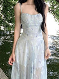 Daiiibabyyy  Korean Maxi Printing Dresses for Women Vestidos De Mujer Slim Waist Temperament Robe Femme Fashion Sexy Summer Slip Dress