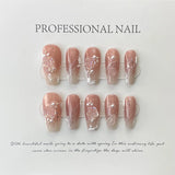 Daiiibabyyy 10Pcs Handmade Press on Nails Long Ballet Pink Fake Nails with 3D Camellia Flower Pearl Design False Nails Full Cover Nail Tips