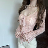 Daiiibabyyy  Spring Autumn Bow Strap Pink V-neck Long Sleeved Lace T-shirt Women Slim Fit Waist Cinching Design Base Top