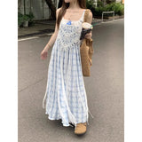 DAIIIBABYYY  -  Two Piece Dress Hollow Out Solid Tassels Fold Through Off Shoulder Dresses Plaid Pleated A-line Blue Skirts Summer Female Outfit