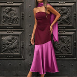DAIIIBABYYY  -  Lady Sexy Strapless Sleeveless Evening Party Dress Fashion High Waist Draped Long Dress Elegant Color Blocked Slim Mermaid Dress