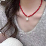 DAIIIBABYYY  -  Glass Bead Neckchain Vibrant Color Pearl Drop Pendant Necklace Stylish Choker Ornament Anniversary Birthday Gift D0LC