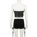DAIIIBABYYY  -  Women Club Party Sexy Skirt Suits Transparent Mesh Split Tube Top and Drawstring Low Rise Mini Skirts Two Piece Sets Lady