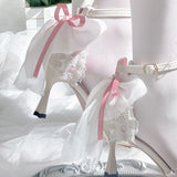 Daiiibabyyy  Mid Heel Shoes Woman Pink Green White Heels Pointed Toe Bridal Heels Lolita Heels Y2K Accessories Bow Pearl Stiletto Women