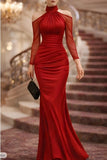Daiiibabyyy  Elegant Party Wedding Guest Dress Off Shoulder Long Sleeve Mermaid Dresses High Waist Ruched Evening Dress Floor Length Maxi
