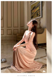 Daiiibabyyy  2026 Summer French Fashion Light Luxury Evening Gown Women V-neck Backless Sexy Sleeveless Satin Dress Chic Elegant Banquet Gown