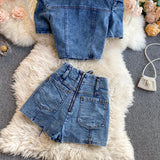 Daiiibabyyy  American Retro Denim Sets for Women Polo Collar Hollow Out Tops+High Waist Bandage Hot Shorts Girls Two-piece Set