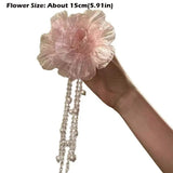 Daiiibabyyy  Elegant Pink Gauze Peony Flower Hair Clip Pearls Side Clip Styling Barrettes Hair Accessories Long Tassel Headwear Girls