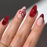 Daiiibabyyy  24pcs Valentine's Day Fake Nail Patches Red Plaid Love Heart Bowknots Designs Press On Nails Wine-red French Almond False Nail