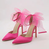 Daiiibabyyy  New Sexy Thin High Heels Buckle Strap Women Pumps Fashion Mesh Butterfly-knot Pointed Toe Wedding Banquet Shoes