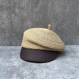 Daiiibabyyy  Summer Straw Cap PU Leather Women's Newsboy Cap Beret Hat Sun Cap Visor Travel Beach Hat
