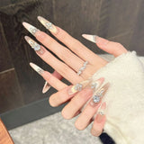 Daiiibabyyy  10Pcs Handmade Long Oval Fake Nails Pink Gold Luxury Rhinestone Decor False Nails For Party Wedding Wearable Press on Nails
