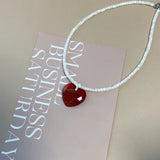 Daiiibabyyy  Minar Wholesale White Opal Natural Stone Red Resin Love Heart Pendant Necklaces for Women Silver Plated Chain Strand Chokers