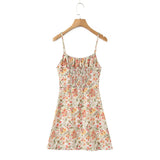 Daiiibabyyy  Women Summer French Style Retro Flower Print Ruched Chest Sling Dress Elastic Back Short Chiffon Dresses Holiday Robe Vestido