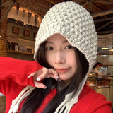Daiiibabyyy  Korean Winter Wool Tassel Knitted Ear Protection Hat for Women Winter Warm Crochet Earmuffs Caps Girl Pullover Beanie Bonnet