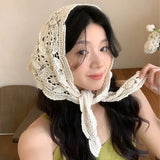 Daiiibabyyy  Knitted Hollow Out Triangle Hair Scarf Headband Women Girls Knitted Flower Headbands Summer Travel Literary Photo Headwear