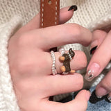 Daiiibabyyy  Sausage Dog Pearl Ring Girl Cartoon Cute Luxury High-end Index Finger Ring Niche Funny Creative Stacking Jewelry Accessories