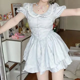 Daiiibabyyy  Fashionable French Doll Collar Mini Dress Princess Waist Cinched Tea Break Retro Skirt Short Puffy Skirt Sweet Summer Dress