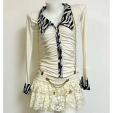 Daiiibabyyy  New American Shibuya Hot Girl Zebra Fold Zipper Cardigan Long Sleeve Top Women Retro Vintage Look Slim
