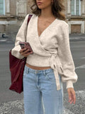 Daiiibabyyy  Woman Cardigan Sweater V Neck Solid Color Knit Long Sleeve Tie Waist Open Front Cropped Light Gray Women's Sweater Elegant