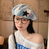 Daiiibabyyy  Japanese Retro Star Embroidered Denim Berets Cap Y2K Summer and Autumn Casual Versatile Literary Personality Women's Hats