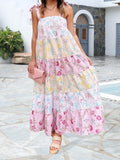 Daiiibabyyy  Elegant V-Neck Maxi Dress Sleeveless Ruffle Hem Evening Gown with Floral Print for Wedding Guest or Prom Party
