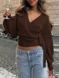 Daiiibabyyy  Woman Cardigan Sweater V Neck Solid Color Knit Long Sleeve Tie Waist Open Front Cropped Light Gray Women's Sweater Elegant