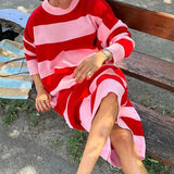 Daiiibabyyy Striped Contrast Color Female Knitted Dress O-neck Long Sleeved Loose Knit Robes 2024 New Sweet Casual Streetwear Maxi Dresses